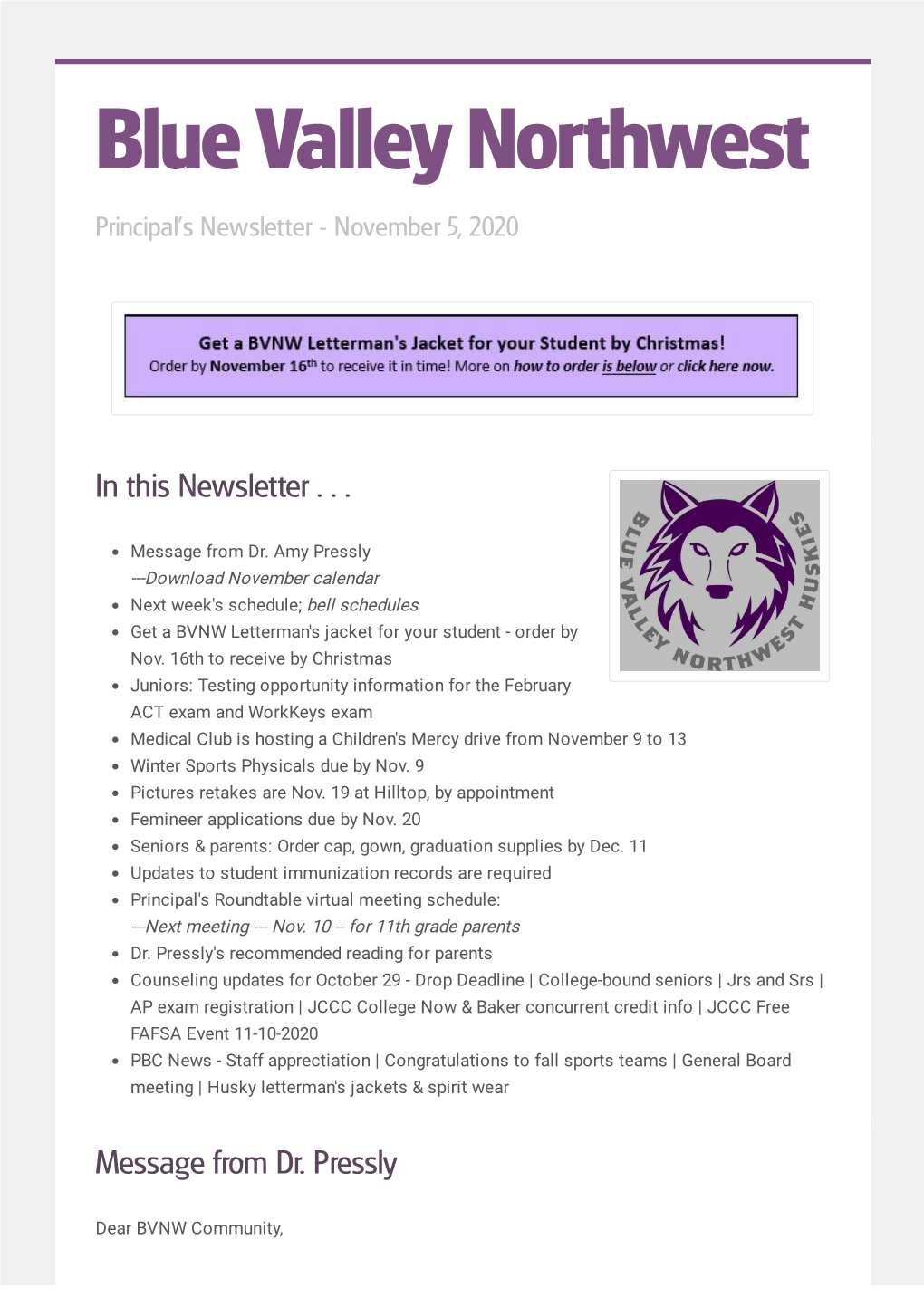 Blue Valley Northwest Principal's Newsletter - November 5, 2020