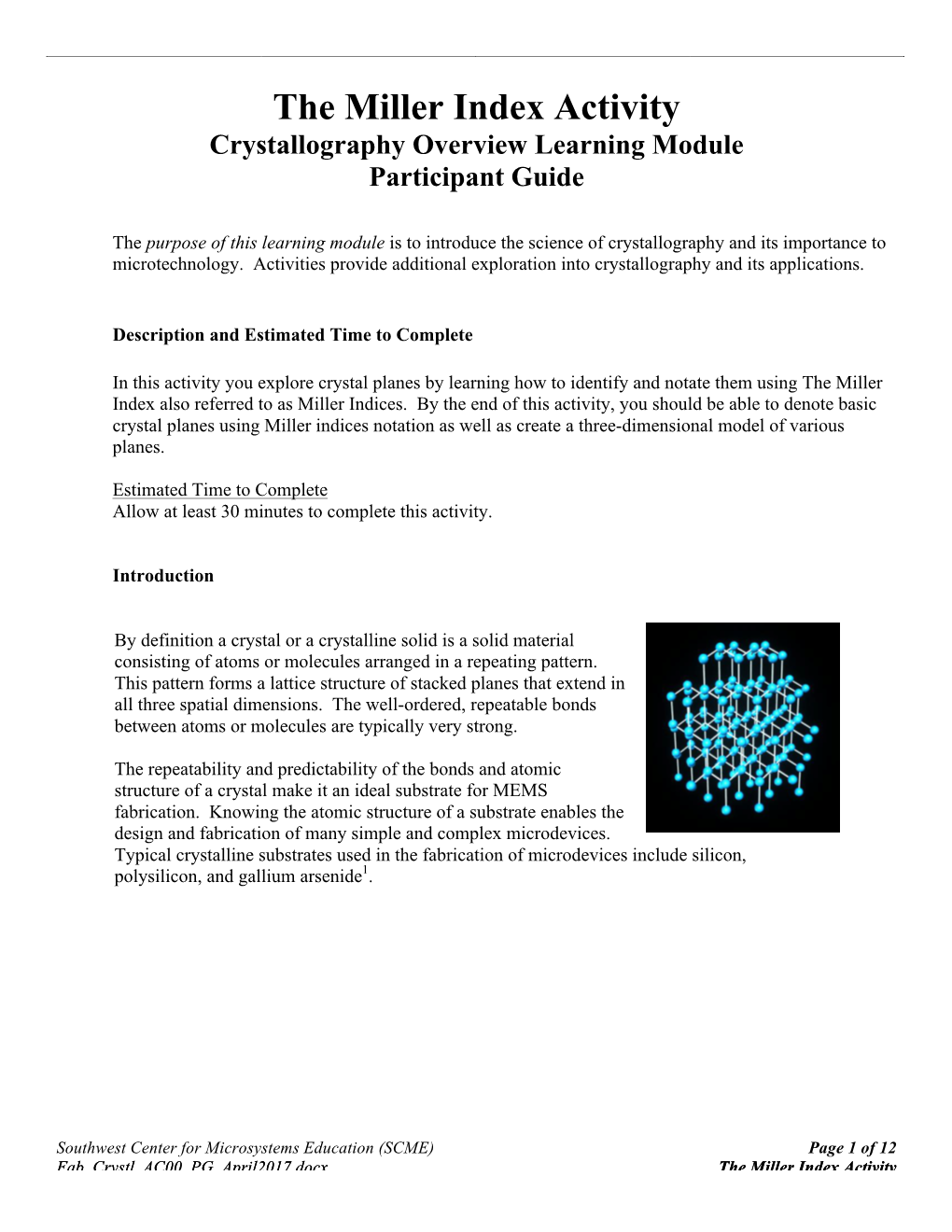 The Miller Index Activity Crystallography Overview Learning Module Participant Guide