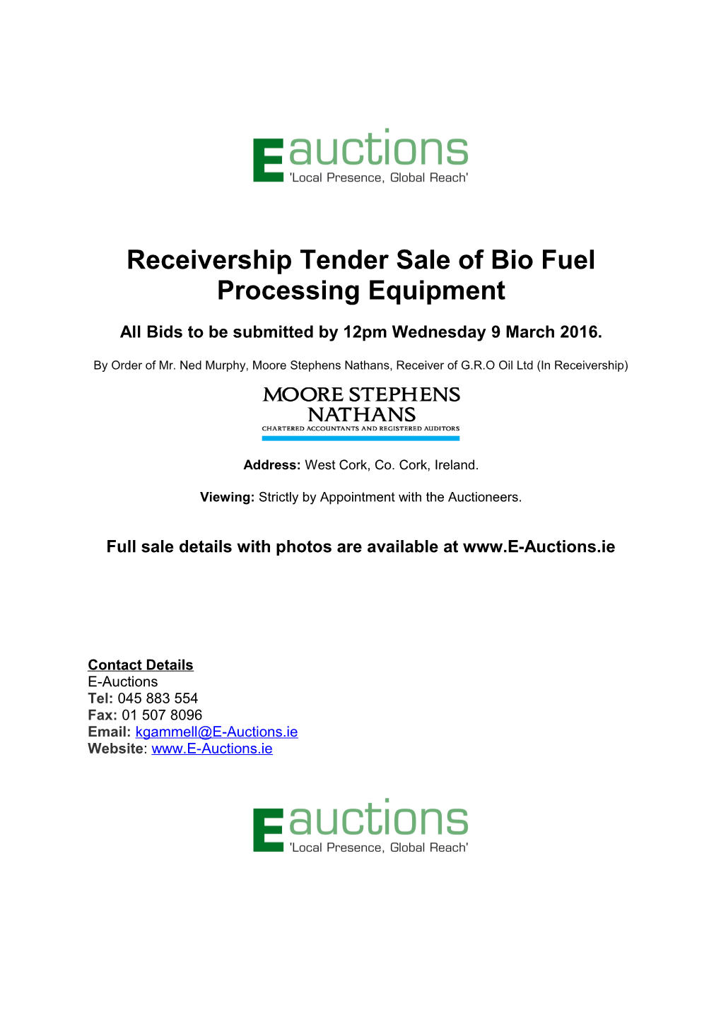 Receivership Tender Sale of Bio Fuel Processing Equipment