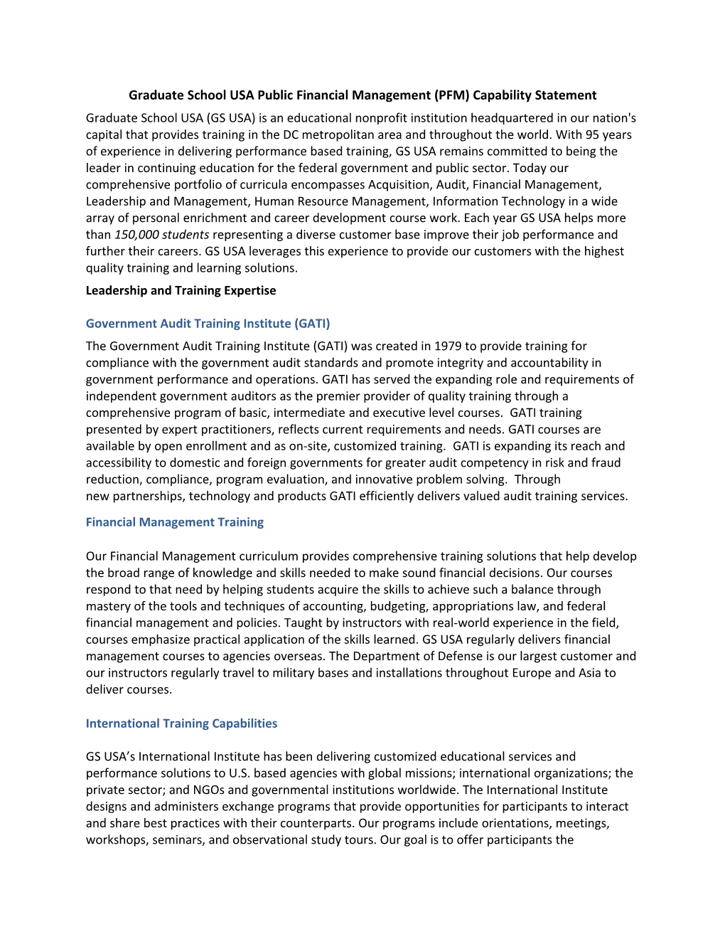 Graduate School USA Public Financial Management (PFM) Capability Statement