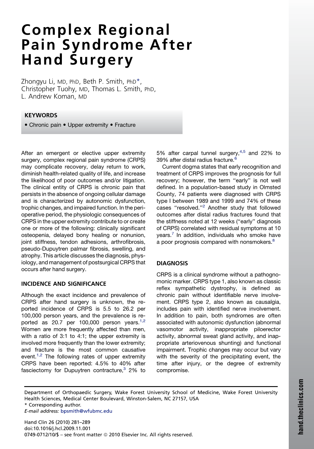 Complex Regional Pain Syndrome After Hand Surgery