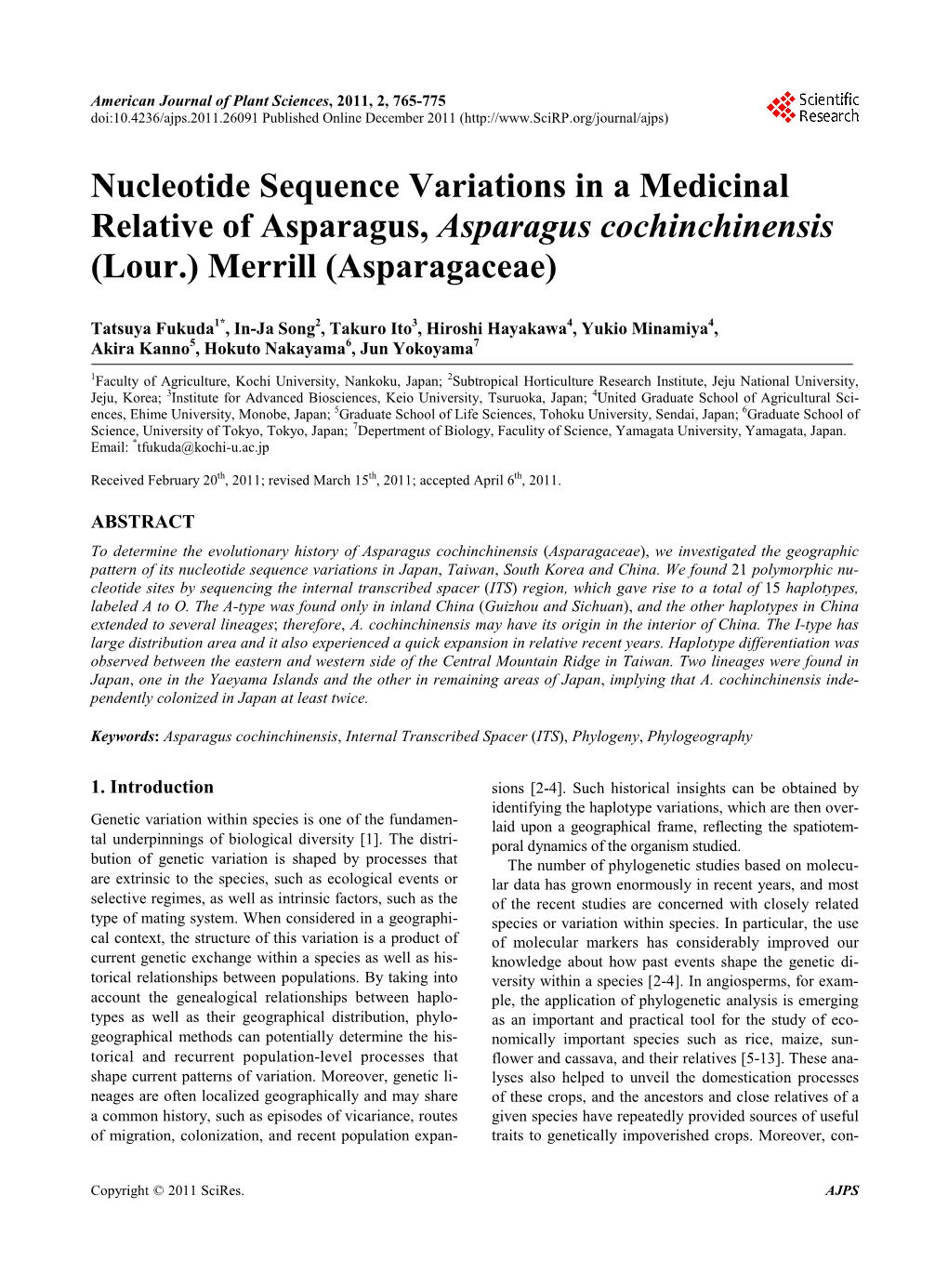 Nucleotide Sequence Variations in a Medicinal Relative of Asparagus, Asparagus Cochinchinensis (Lour.) Merrill (Asparagaceae)