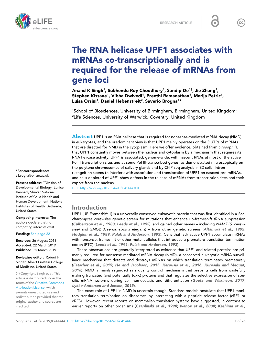 The RNA Helicase UPF1 Associates with Mrnas Co