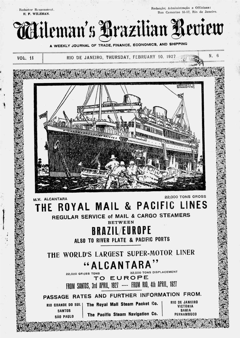 THE ROYAL MAIL & PACIFIC LINES Brazil/EUROPE "ALCÂNTARA"