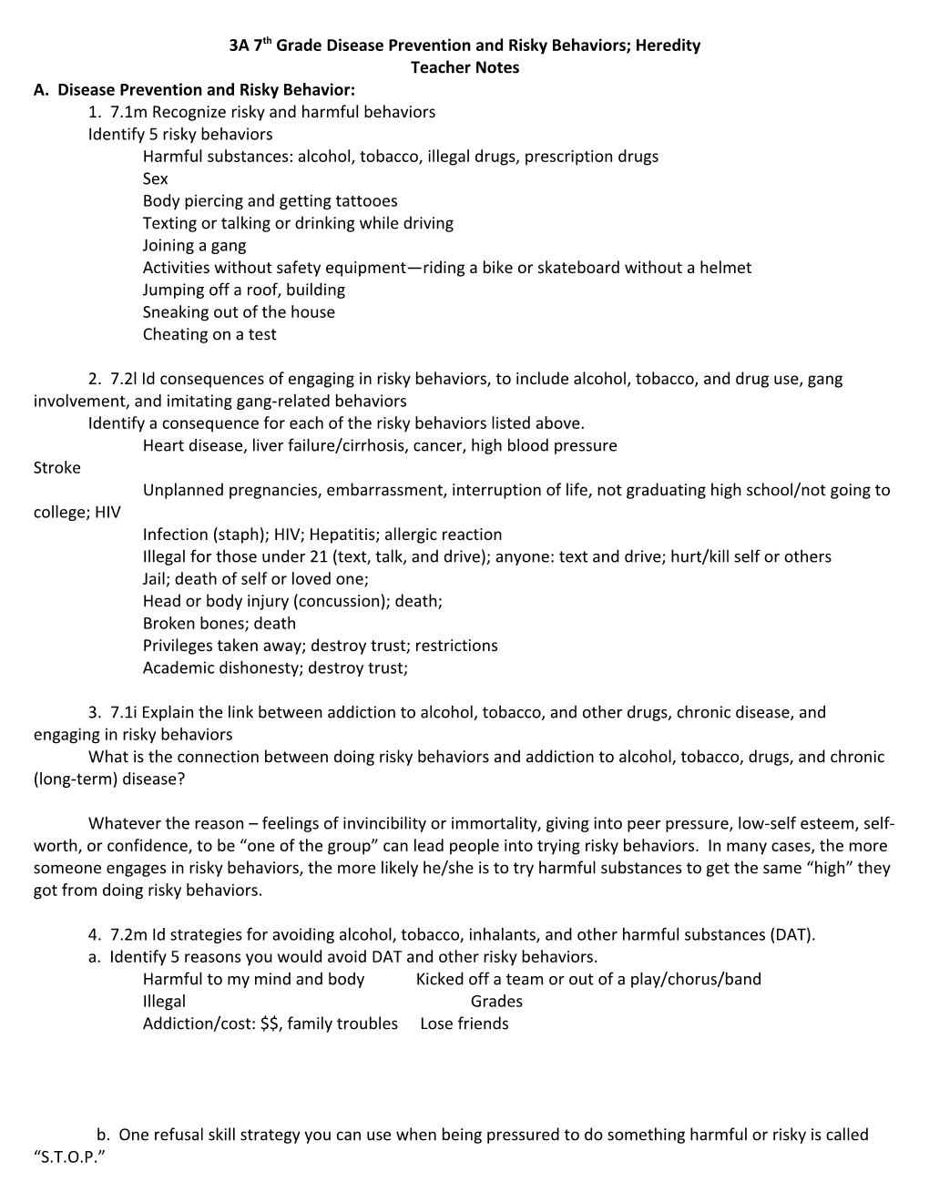 3A 7Th Grade Disease Prevention and Risky Behaviors; Heredity