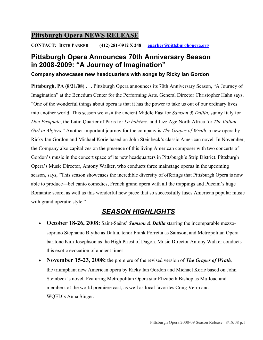 Pittsburgh Opera NEWS RELEASE