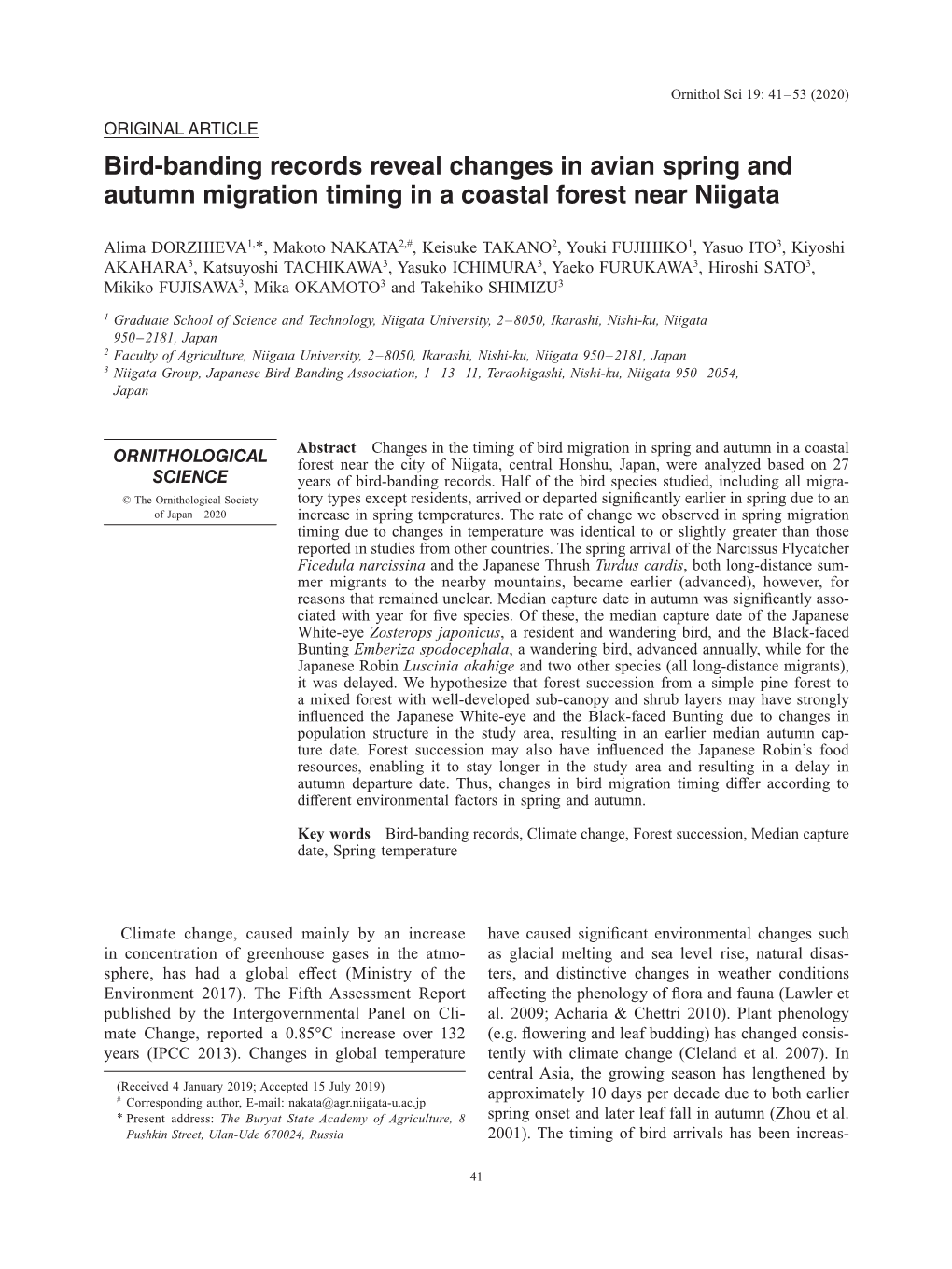 Bird-Banding Records Reveal Changes in Avian Spring and Autumn Migration Timing in a Coastal Forest Near Niigata