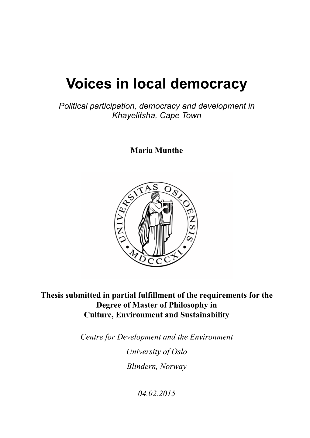 Political Participation, Democracy and Development in Khayelitsha, Cape Town