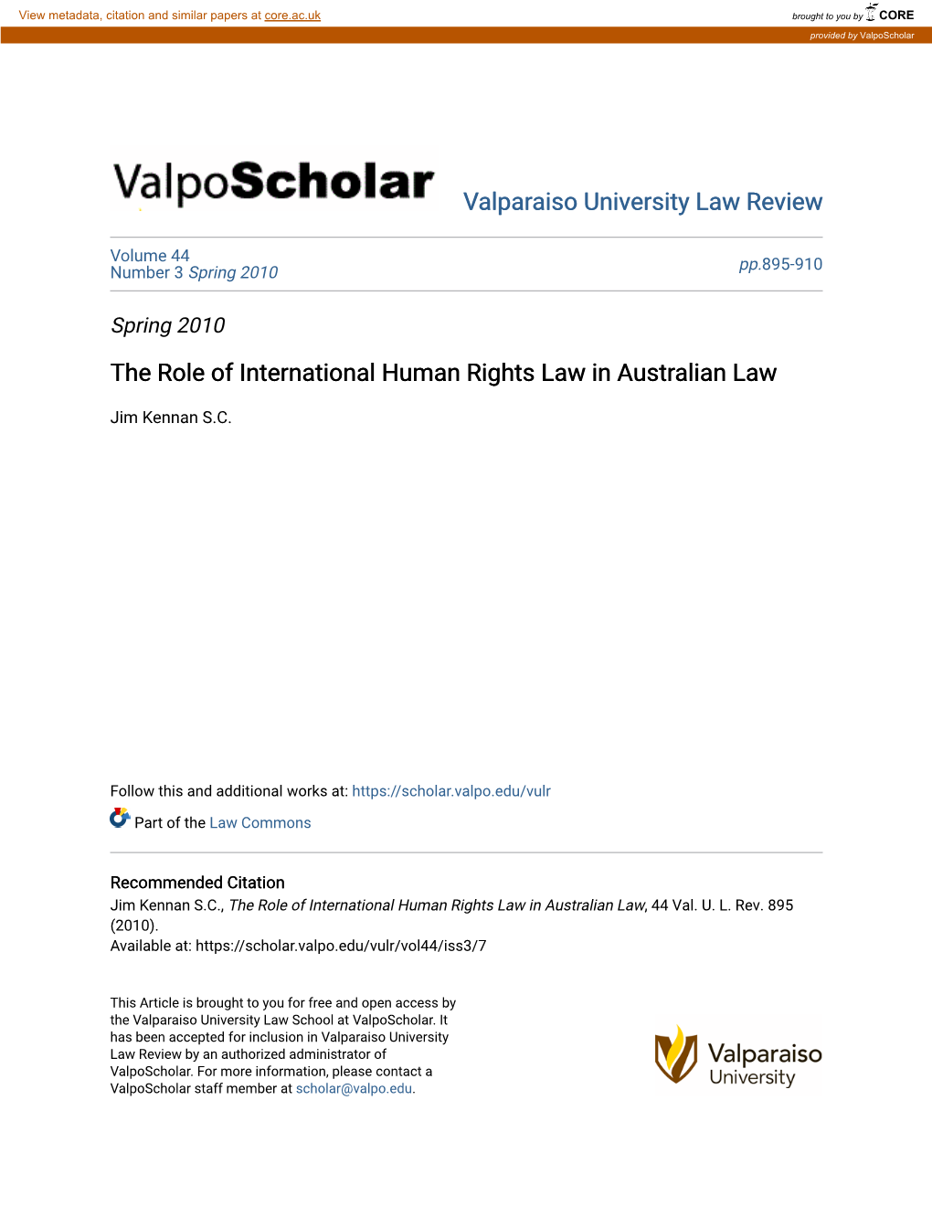 The Role of International Human Rights Law in Australian Law