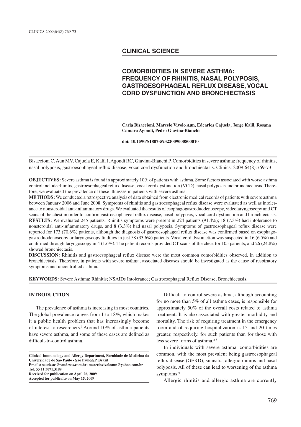 Frequency of Rhinitis, Nasal Polyposis, Gastroesophageal Reflux Disease, Vocal Cord Dysfunction and Bronchiectasis