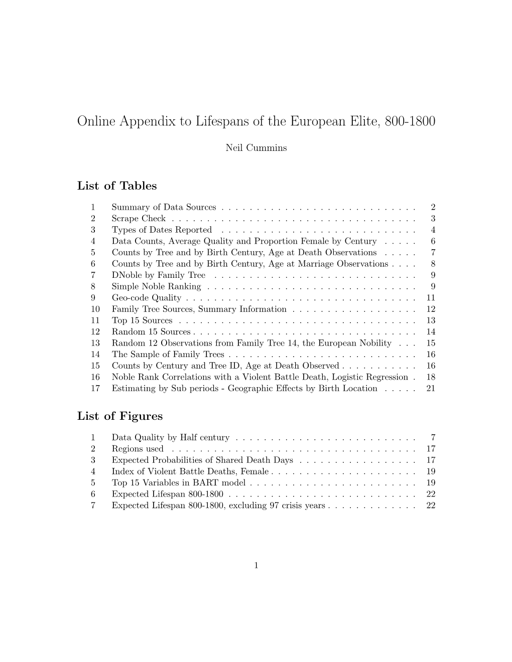 Online Appendix to Lifespans of the European Elite, 800-1800