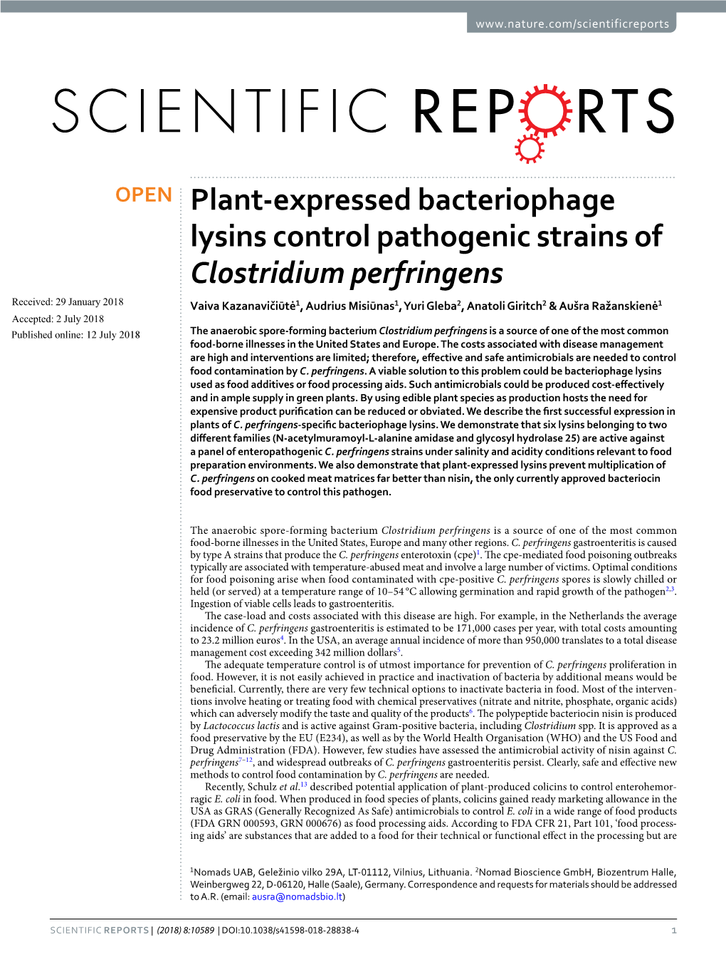 Plant-Expressed Bacteriophage Lysins Control Pathogenic Strains of Clostridium Perfringens
