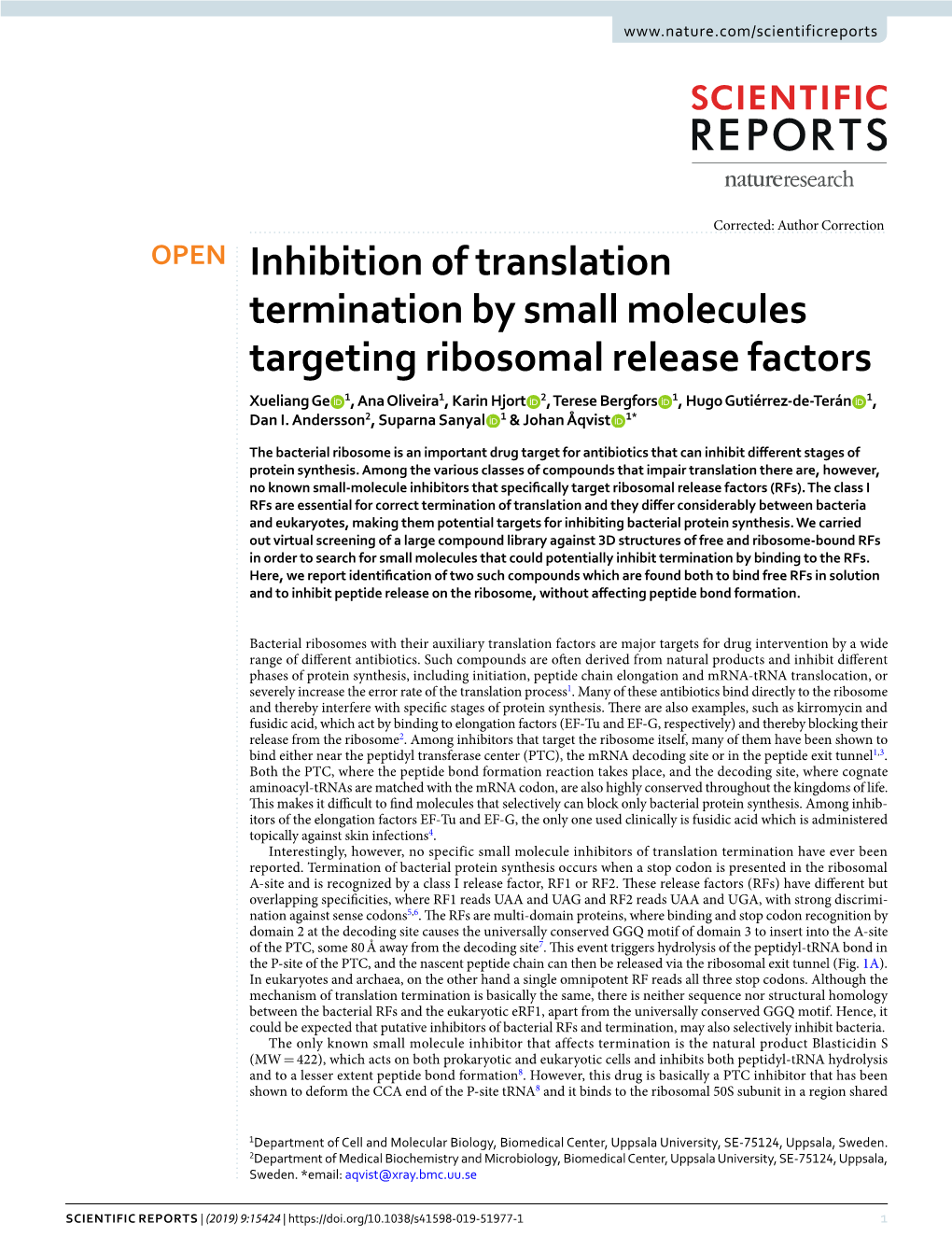 Inhibition of Translation Termination by Small Molecules Targeting