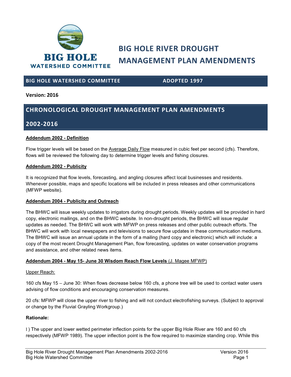 Big Hole River Drought Management Plan Amendments