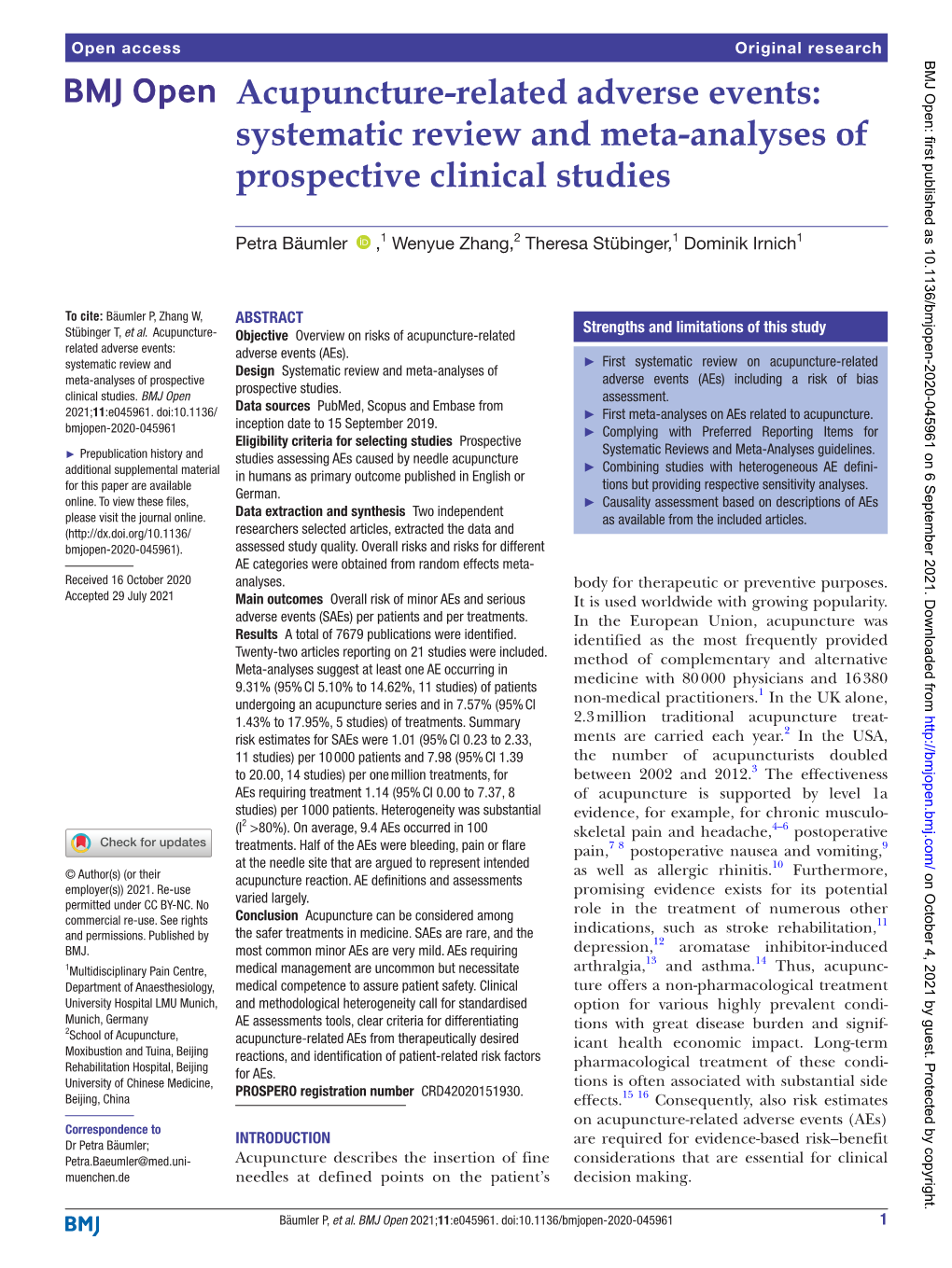 Acupuncture- Related Adverse Events: Systematic Review and Meta