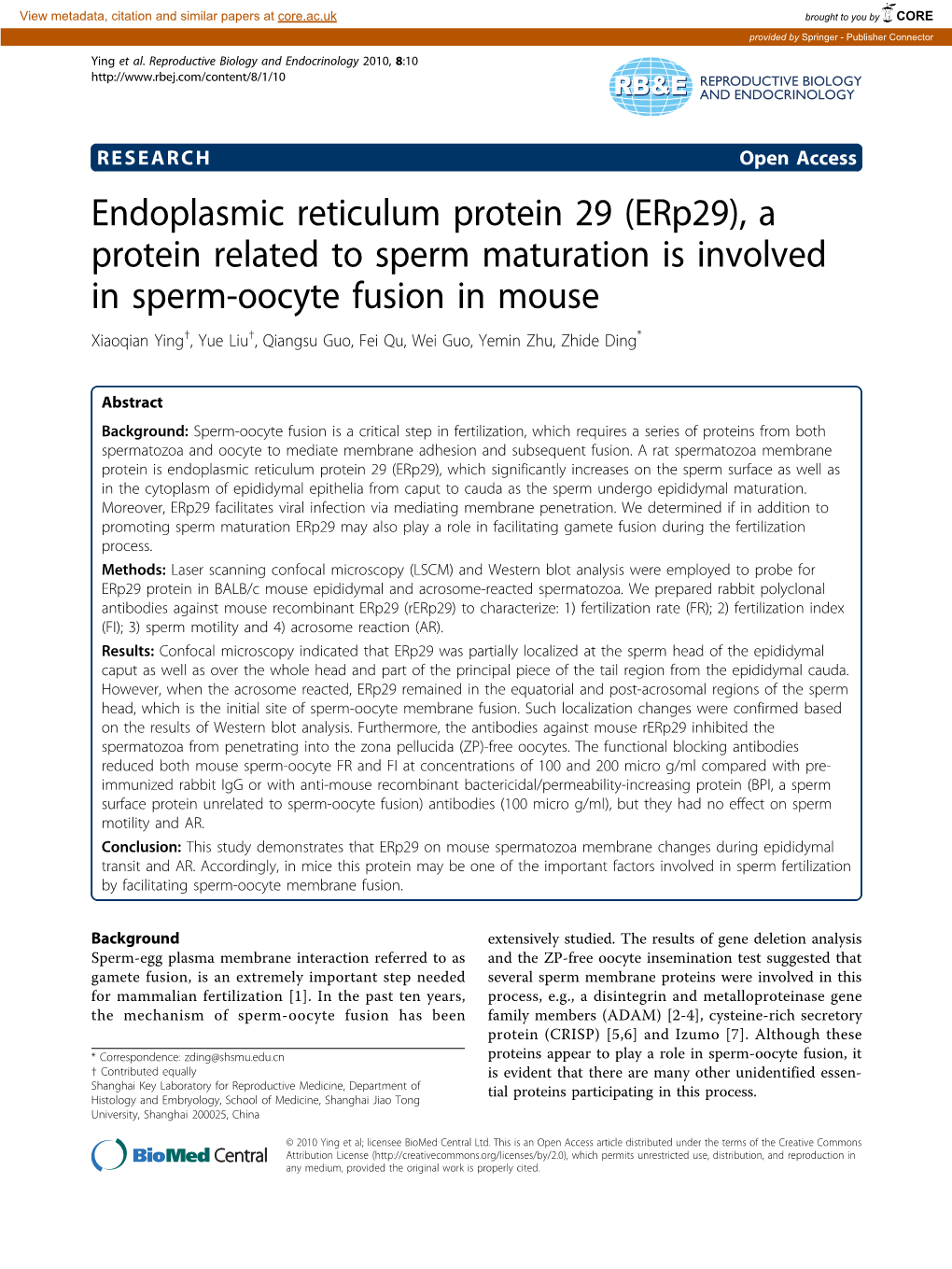 (Erp29), a Protein Related to Sperm Maturation Is Involved in Sperm