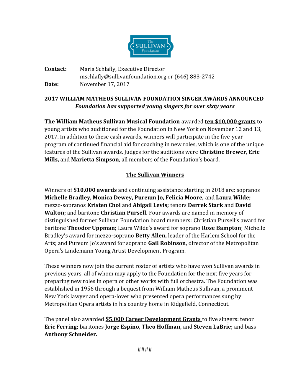 Contact: Maria Schlafly, Executive Director Mschlafly@Sullivanfoundation.Org Or (646) 883-2742 Date: November 17, 2017