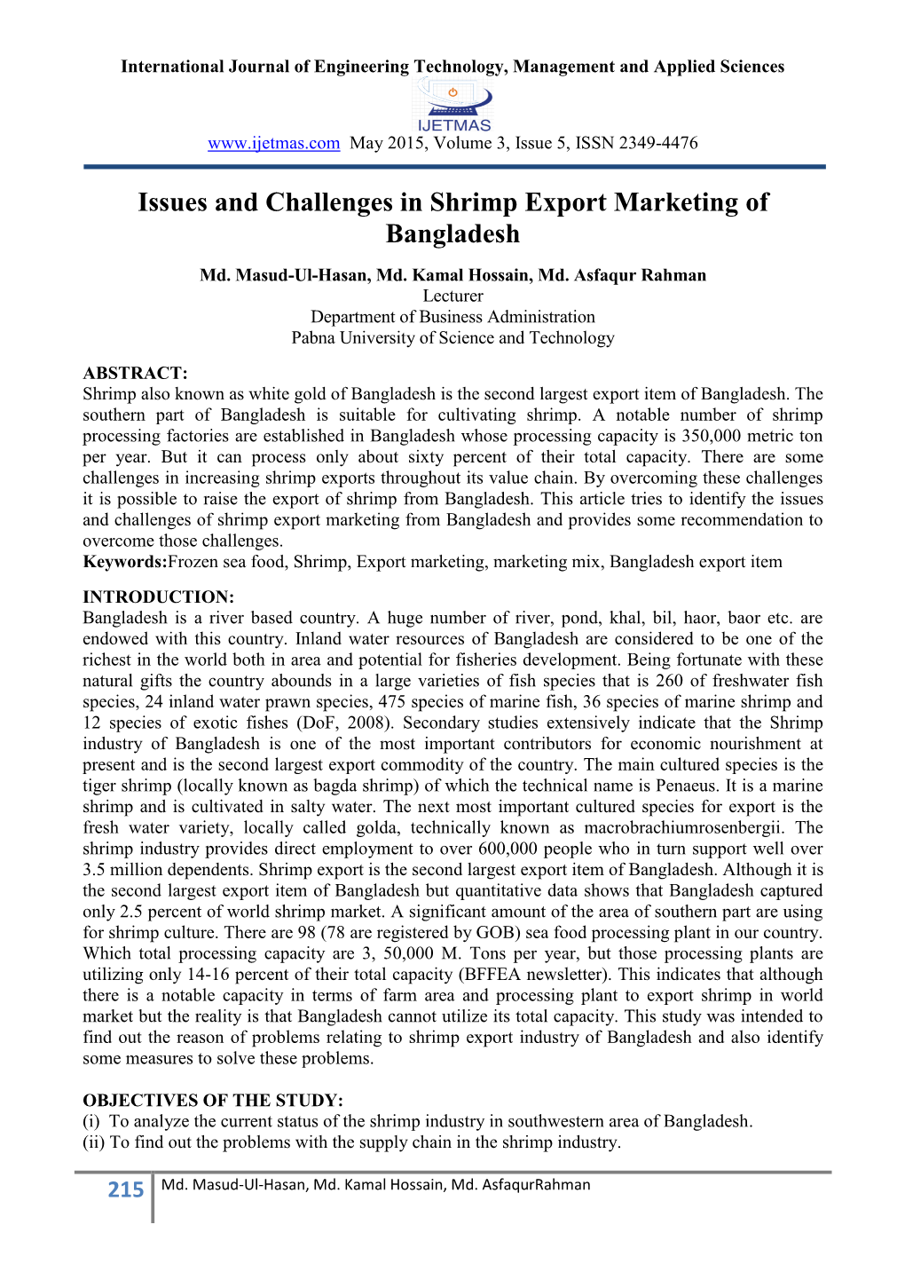 Issues and Challenges in Shrimp Export Marketing of Bangladesh