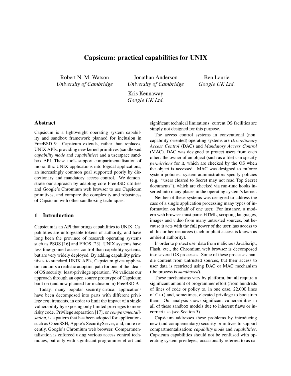 Capsicum: Practical Capabilities for UNIX