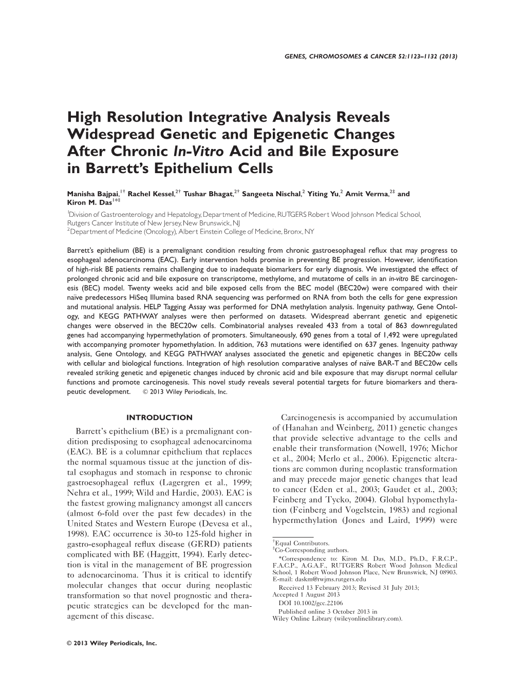 High Resolution Integrative Analysis Reveals Widespread Genetic and Epigenetic Changes After Chronic In-Vitro Acid and Bile Exposure in Barrett’S Epithelium Cells