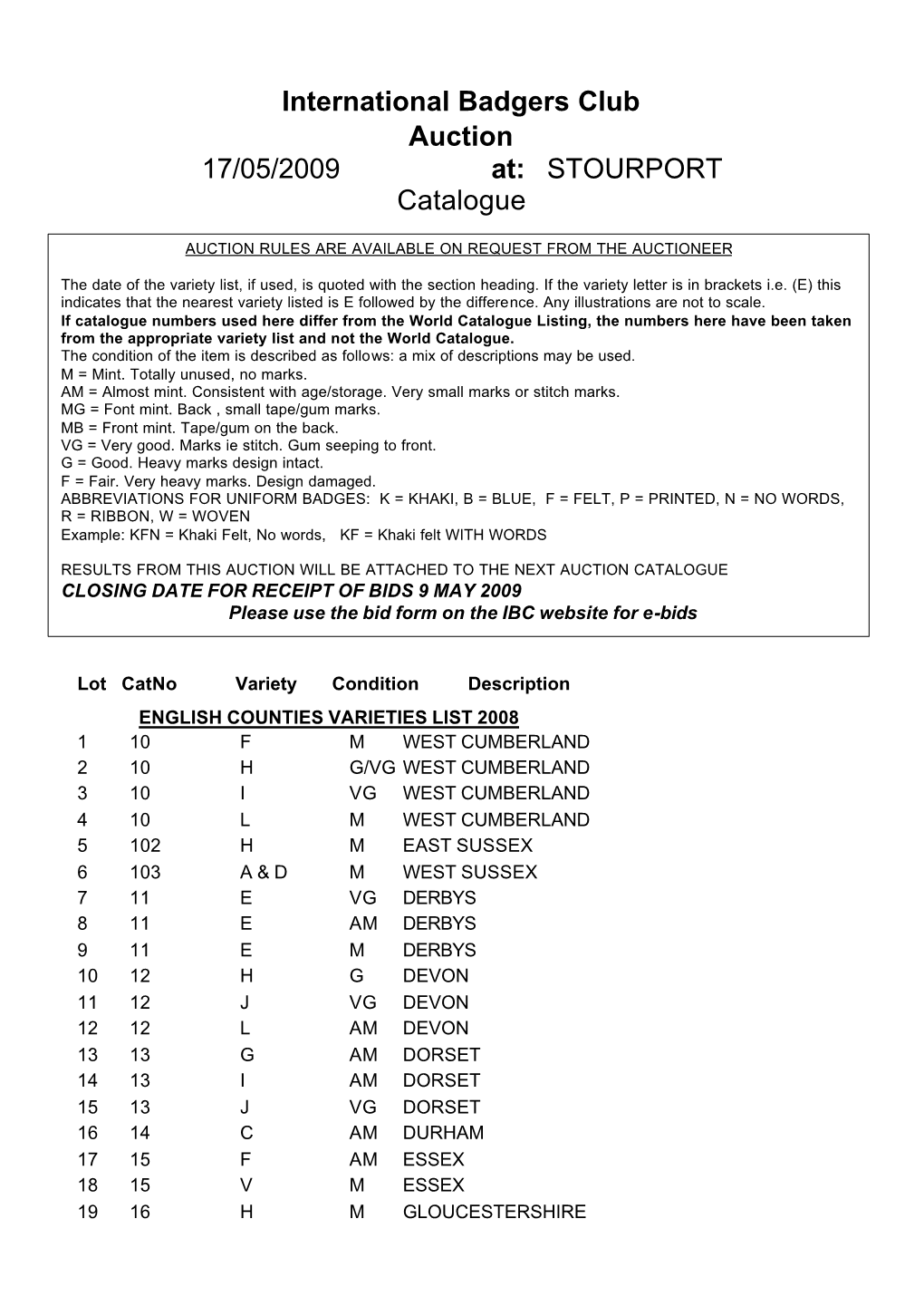 International Badgers Club Auction 17/05/2009 At: STOURPORT Catalogue