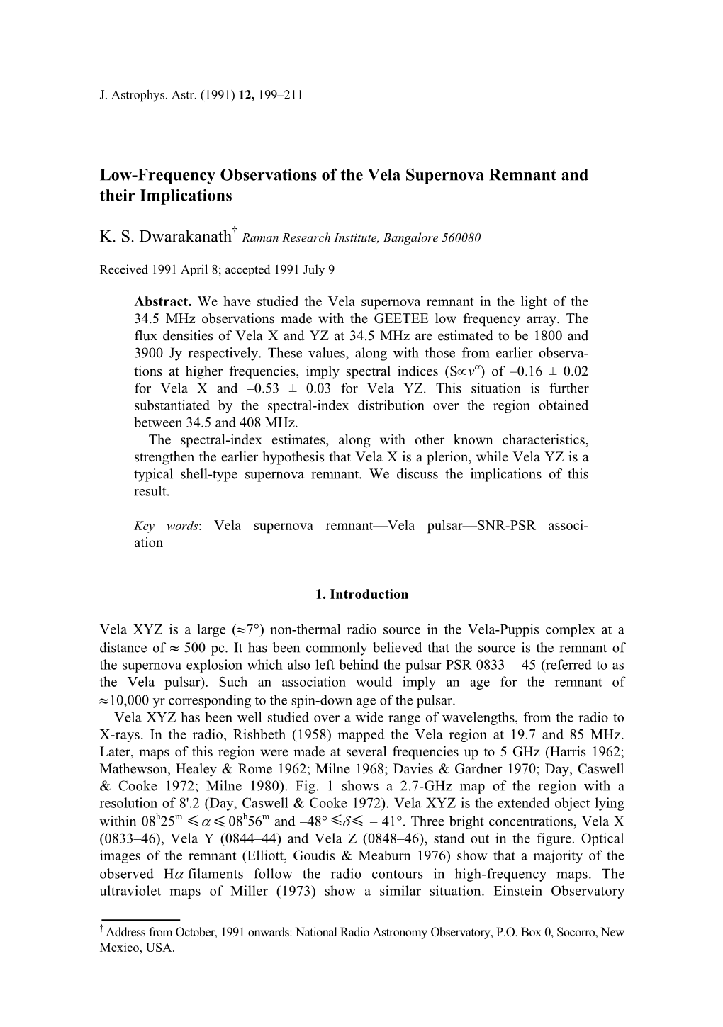 Low-Frequency Observations of the Vela Supernova Remnant and Their Implications