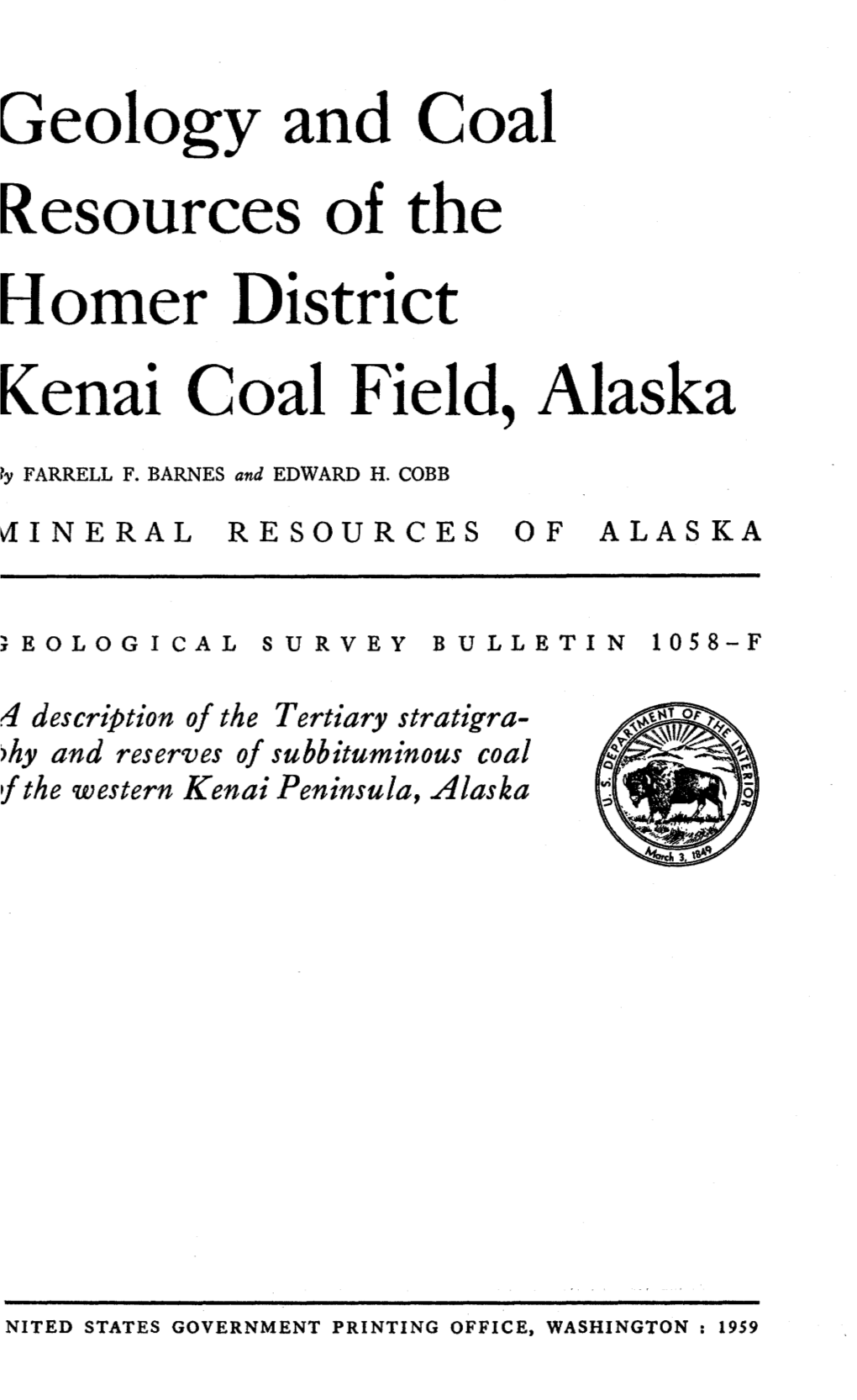 Geology and Coal Resources of the Homer District Kenai Coal Field, Alaska