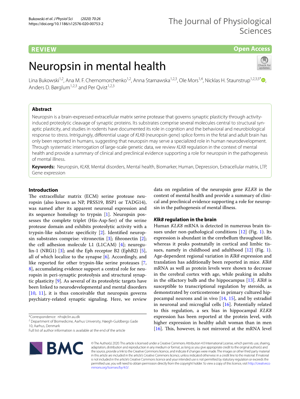 Neuropsin in Mental Health Lina Bukowski1,2, Ana M