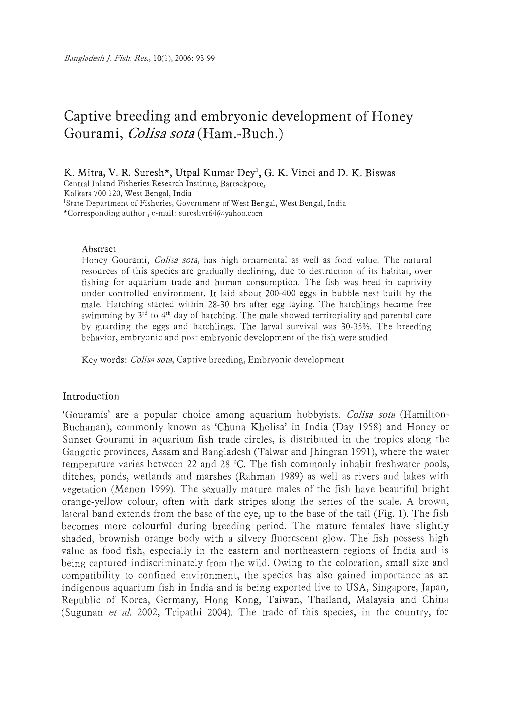 Captive Breeding and Embryonic Development of Honey Gourami, Colisa Sota (Ham.-Buch.)