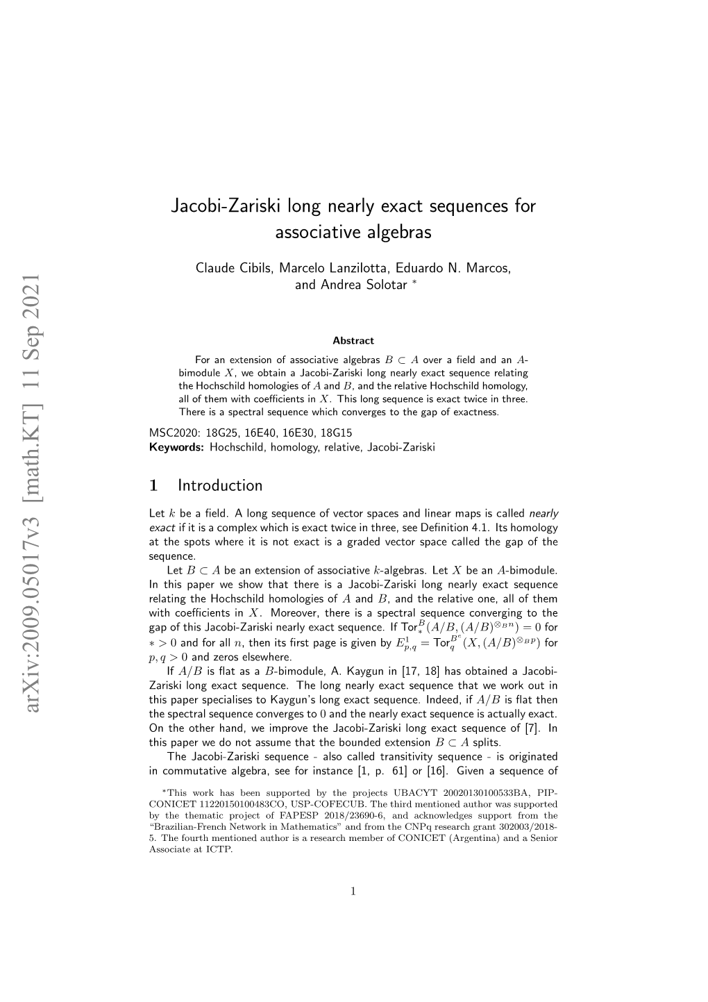 Jacobi-Zariski Long Nearly Exact Sequences for Associative Algebras