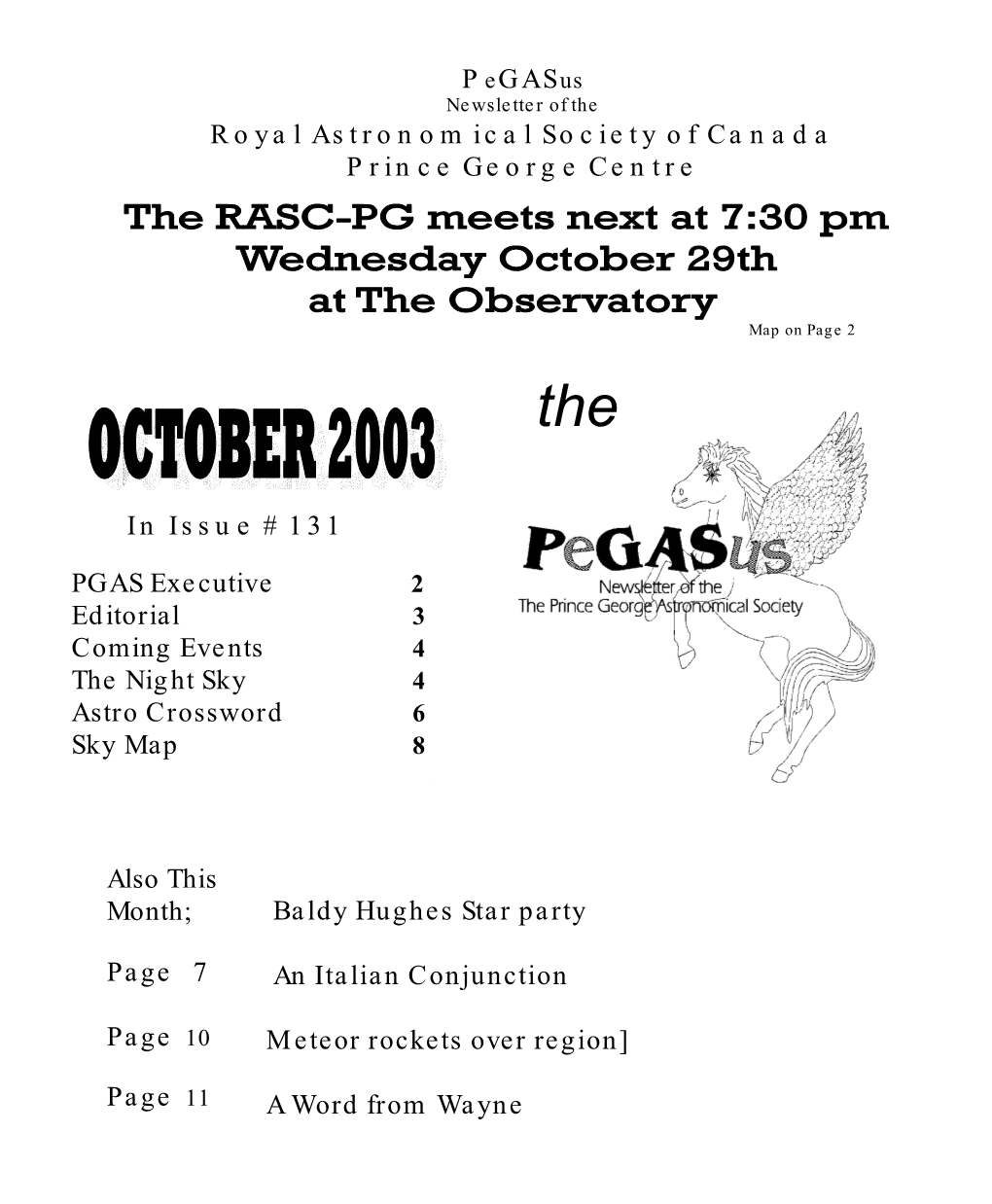 PGAS Executive Editorial Coming Events the Night Sky