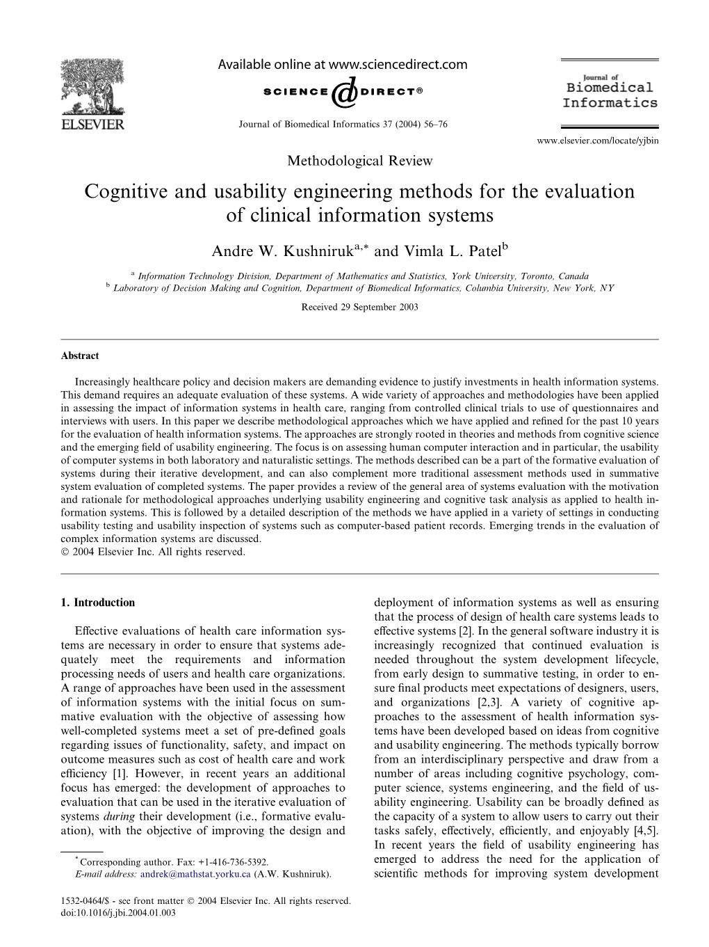 Cognitive and Usability Engineering Methods for the Evaluation of Clinical Information Systems