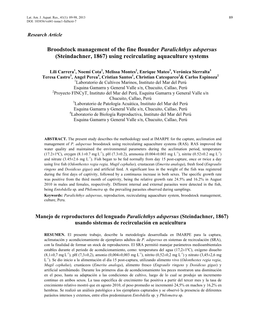 Broodstock Management of the Fine Flounder Paralichthys Adspersus (Steindachner, 1867) Using Recirculating Aquaculture Systems