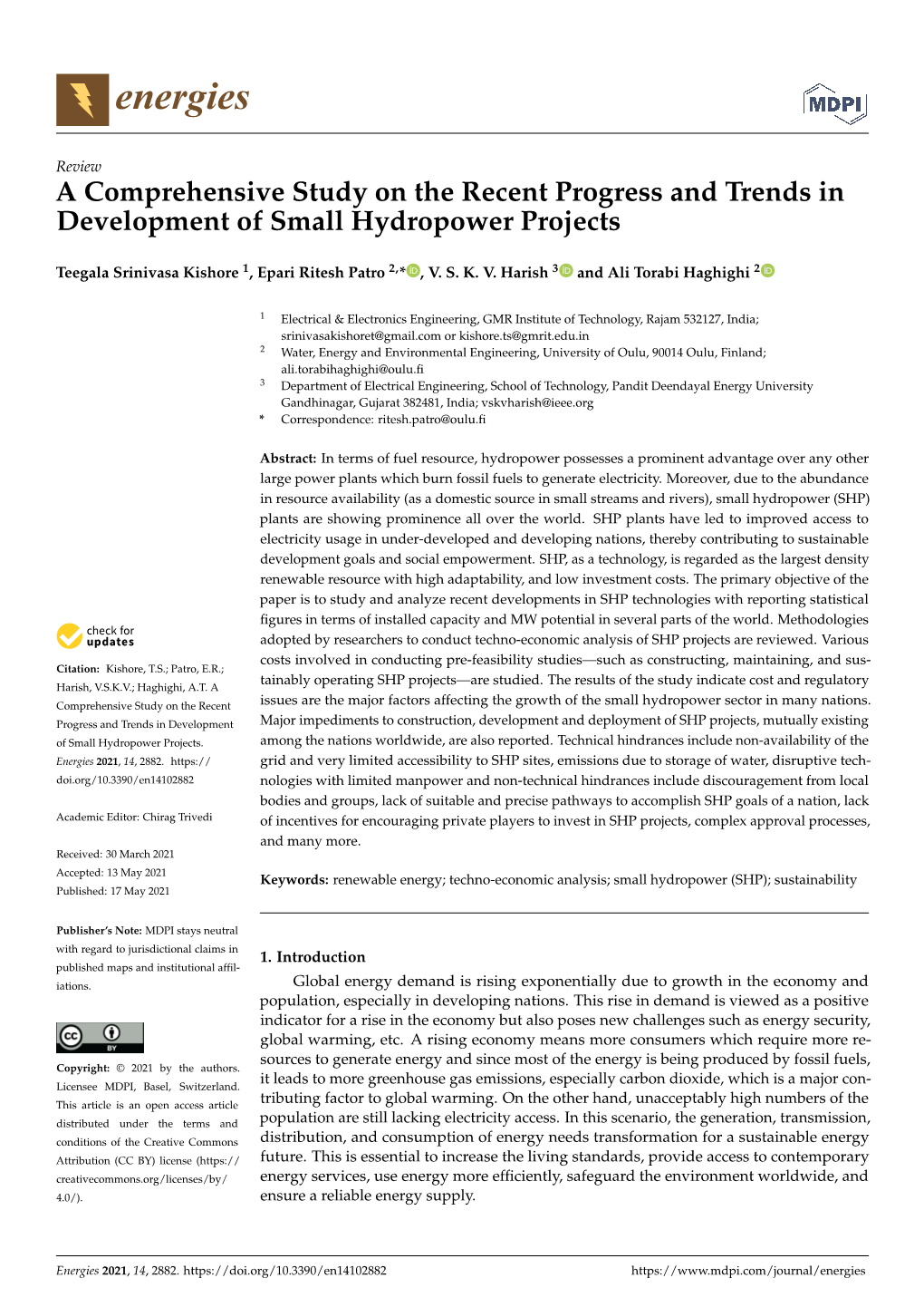 A Comprehensive Study on the Recent Progress and Trends in Development of Small Hydropower Projects