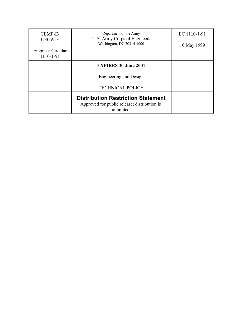 CEMP-E/ CECW-E Engineer Circular 1110-1-91