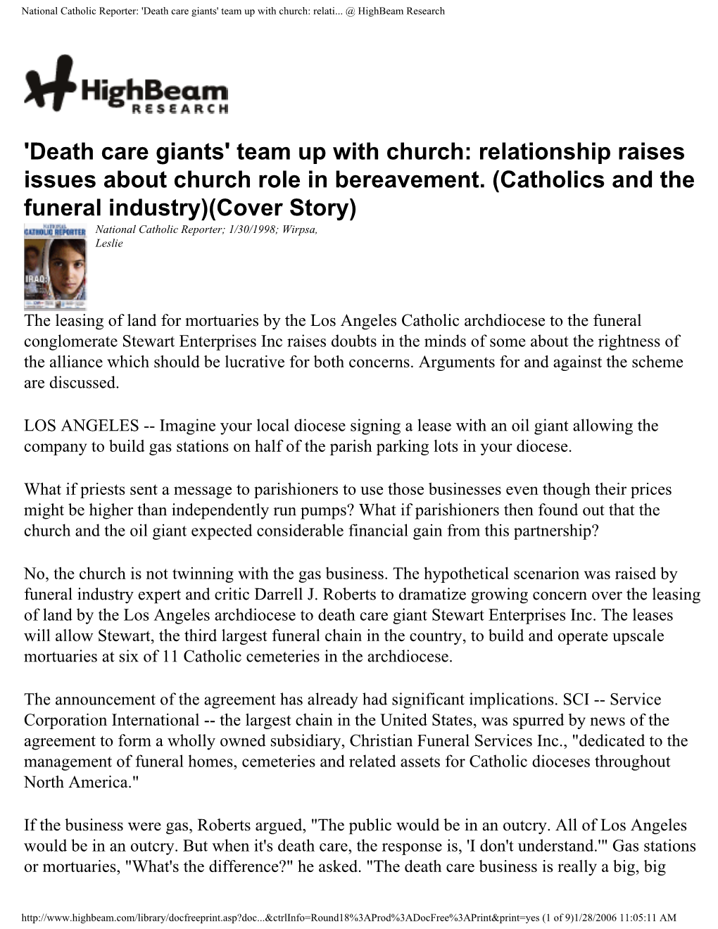 National Catholic Reporter: 'Death Care Giants' Team up with Church: Relati