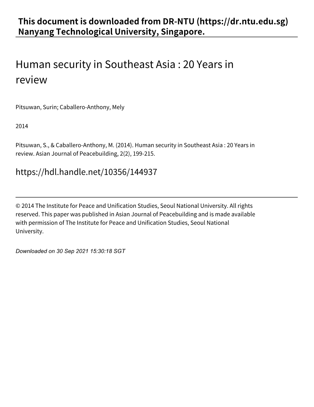 Human Security in Southeast Asia : 20 Years in Review