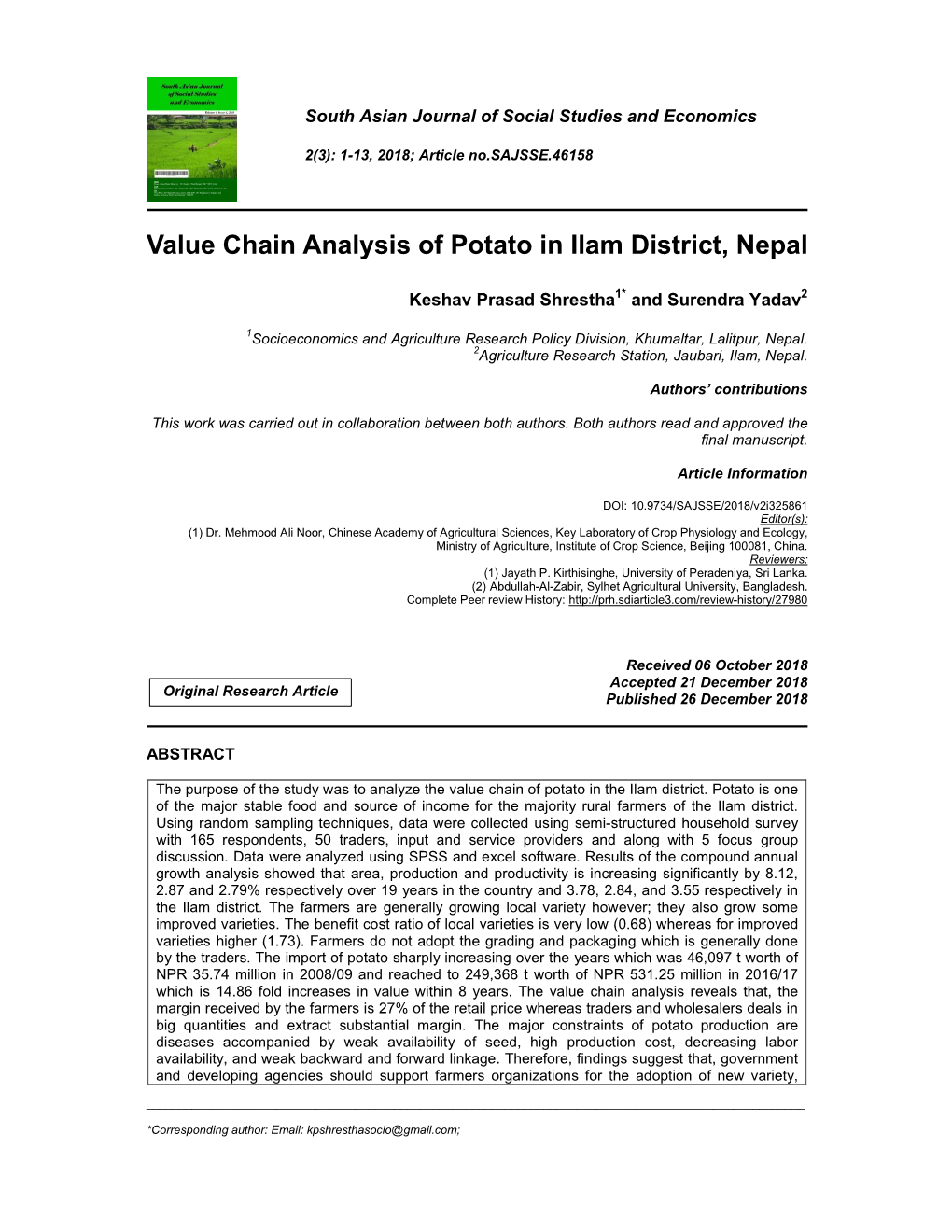 Value Chain Analysis of Potato in Ilam District, Nepal