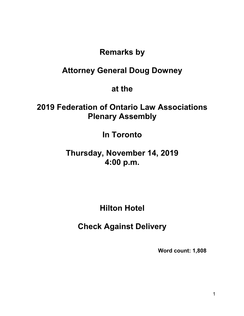 Remarks by Attorney General Doug Downey at the 2019