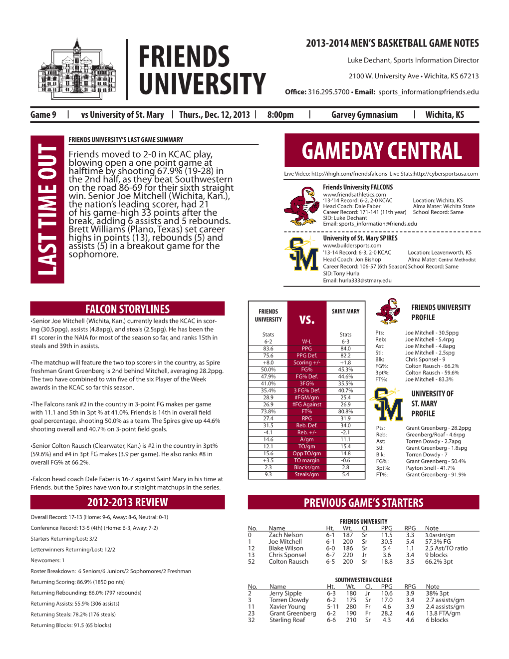 Friends University Men's Basketball Game Notes