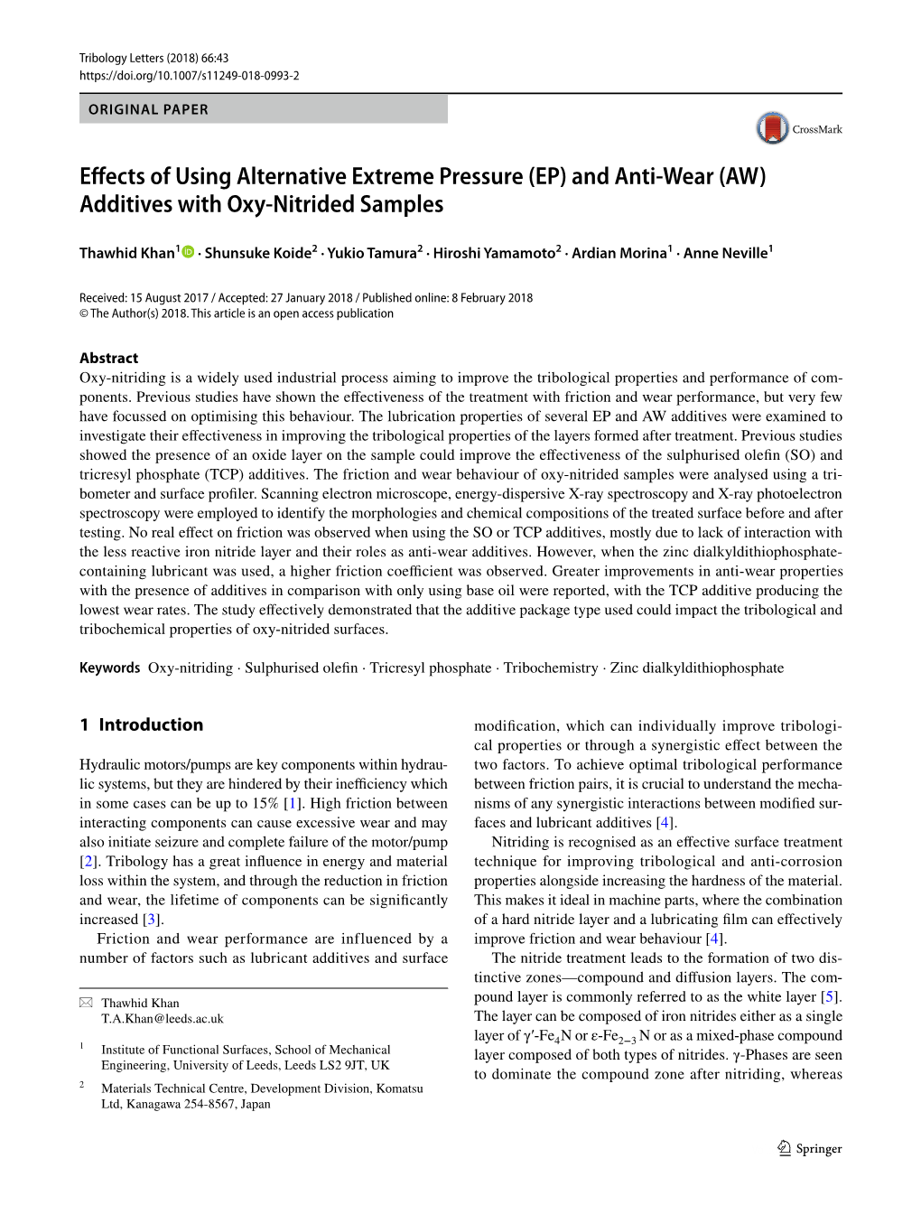 Effects of Using Alternative Extreme Pressure (EP) and Anti-Wear (AW