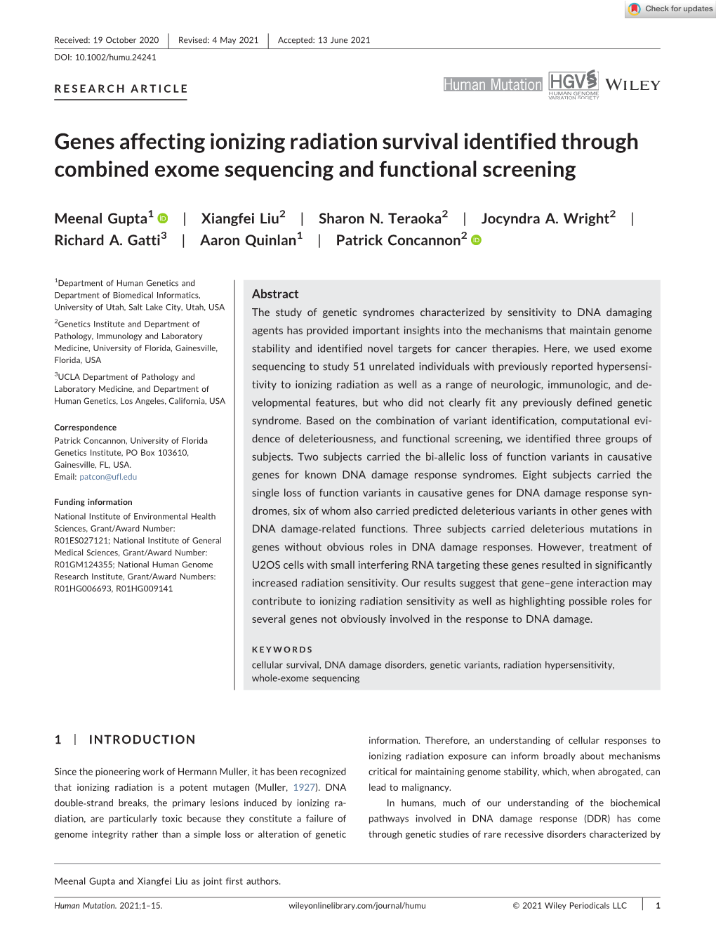 Genes Affecting Ionizing Radiation Survival Identified Through Combined Exome Sequencing and Functional Screening