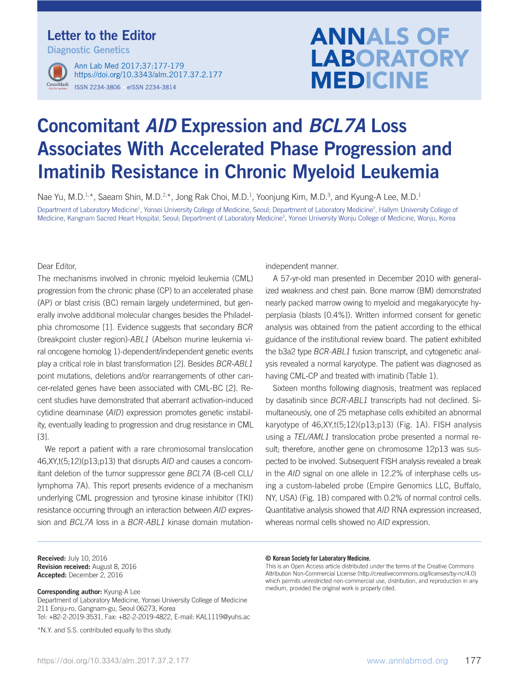 Concomitant AID Expression and BCL7A Loss Associates with Accelerated Phase Progression and Imatinib Resistance in Chronic Myeloid Leukemia