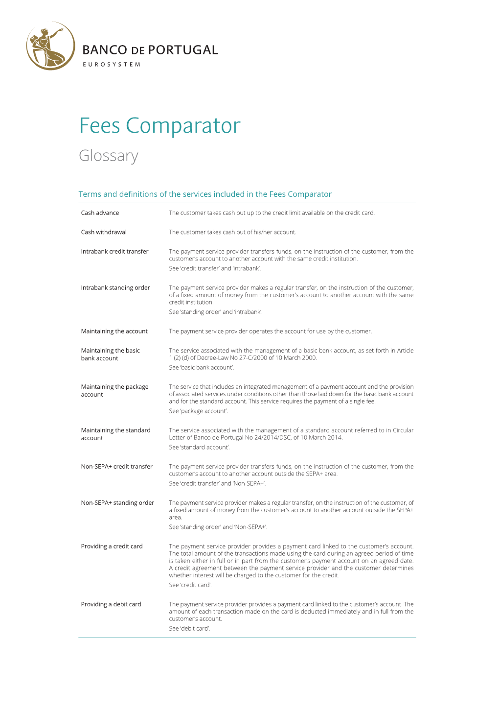 Fees Comparator Glossary