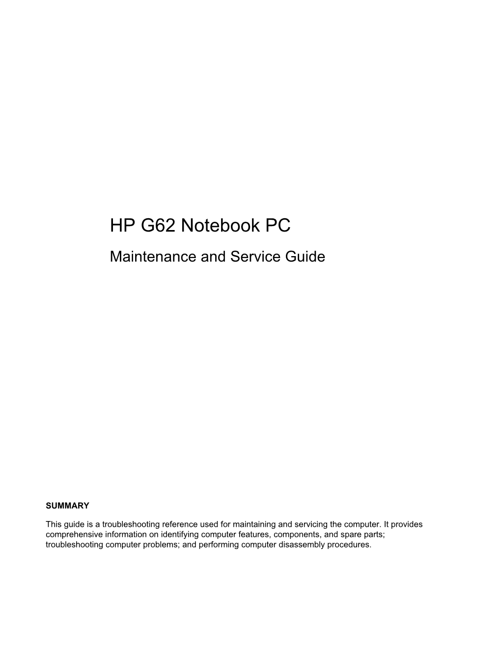 HP G62 Notebook PC Maintenance and Service Guide