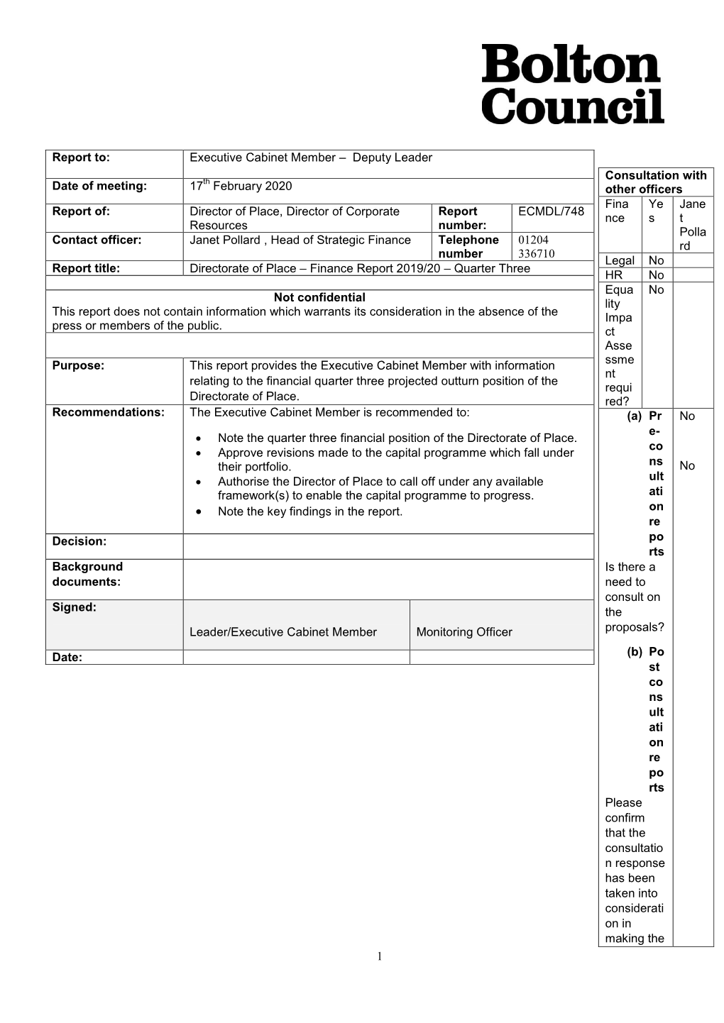 No Report Title: Directorate of Place – Finance Report 2019/20 – Quarter Three HR No