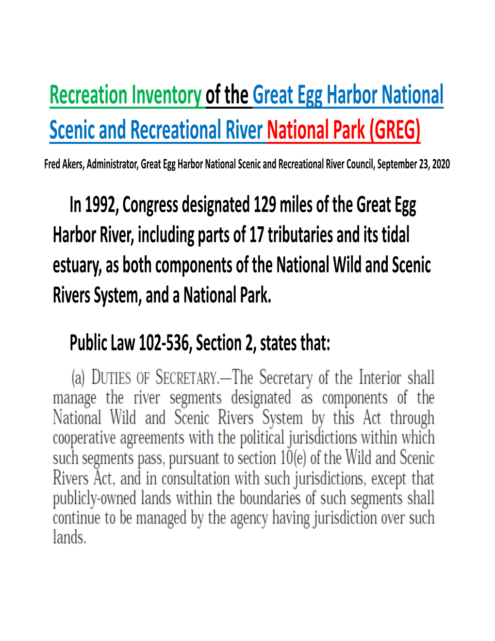 Recreation Inventory of the Great Egg Harbor National Scenic And