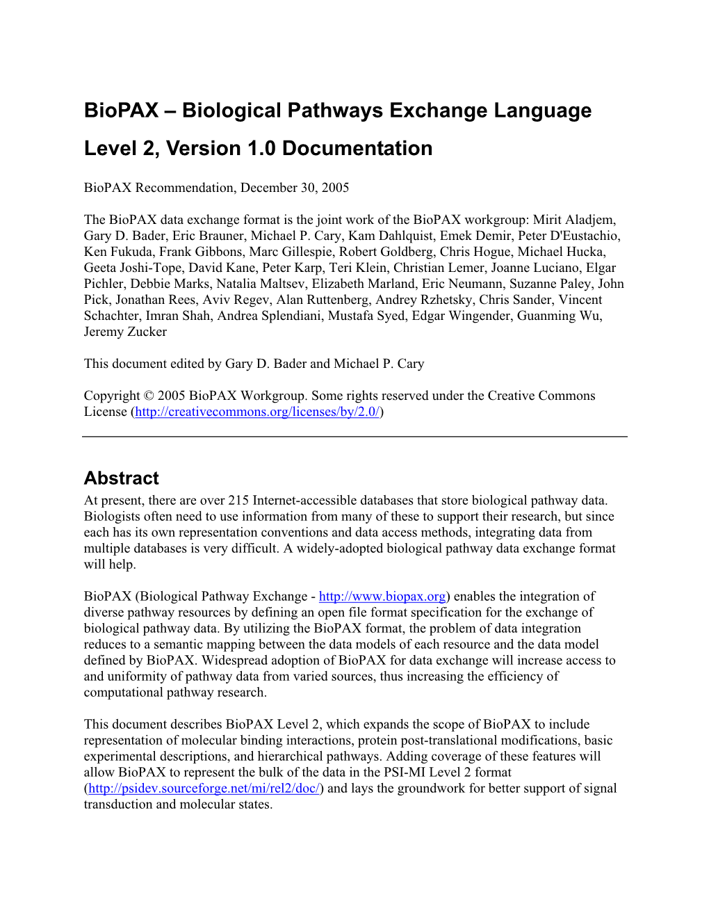 Biological Pathways Exchange Language – Level 1, Version 1