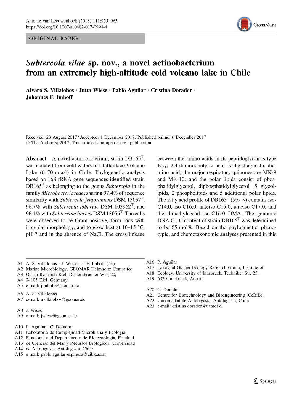 Subtercola Vilae Sp. Nov., a Novel Actinobacterium from an Extremely High-Altitude Cold Volcano Lake in Chile