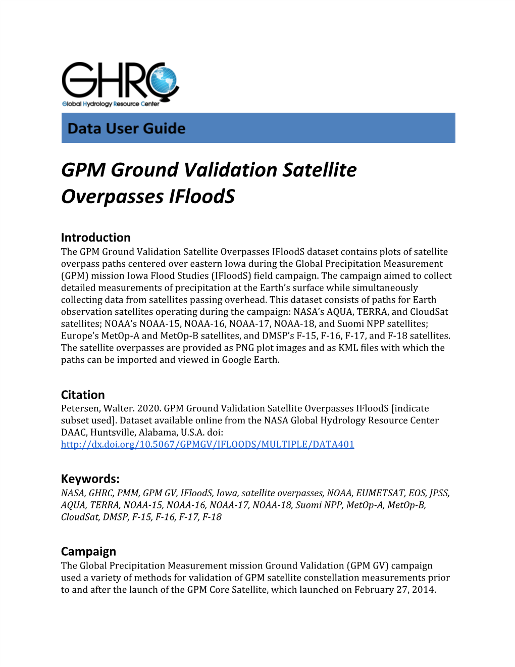 GPM Ground Validation Satellite Overpasses Ifloods